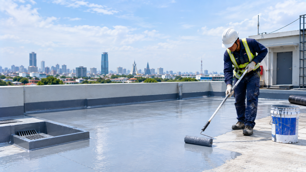Pekerjaan waterproofing coating pada permukaan atap bangunan