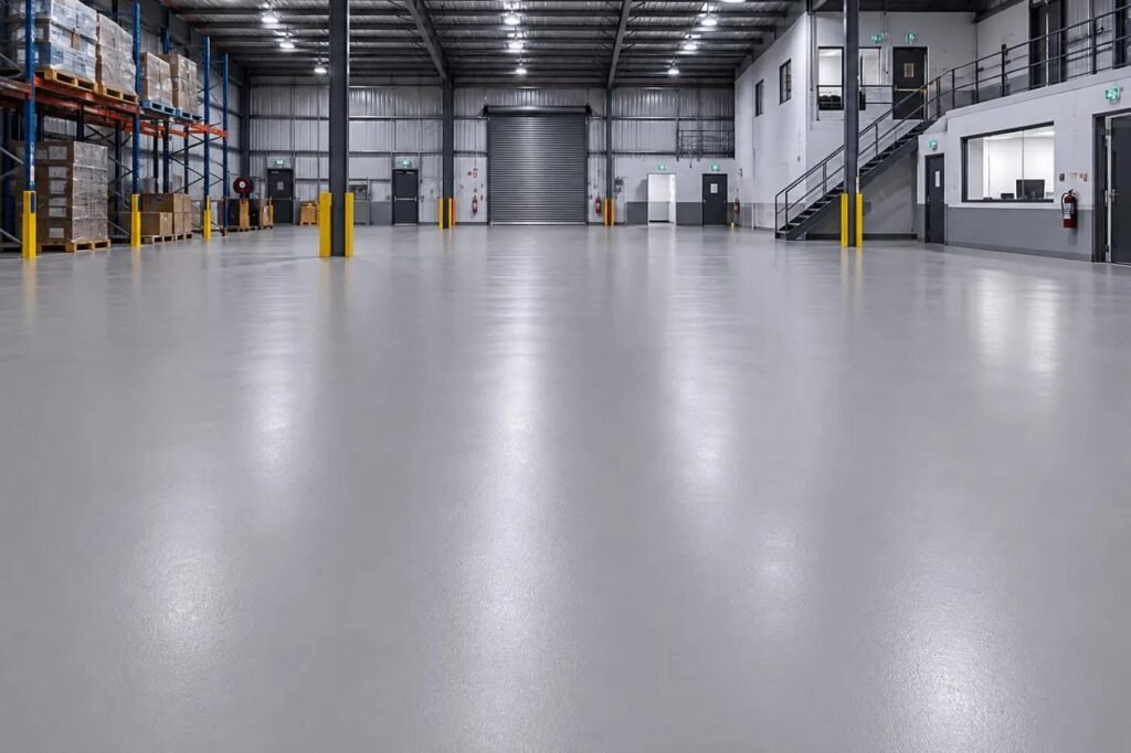 Aplikasi epoxy lantai pada area produksi pabrik di Nganjuk