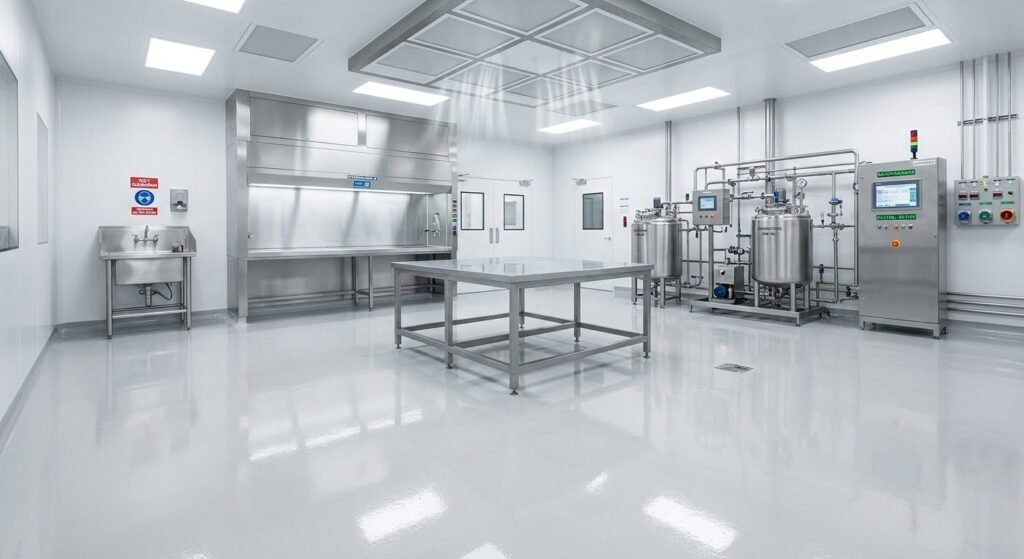 Epoxy lantai cleanroom untuk pabrik farmasi dengan permukaan seamless yang mudah dibersihkan