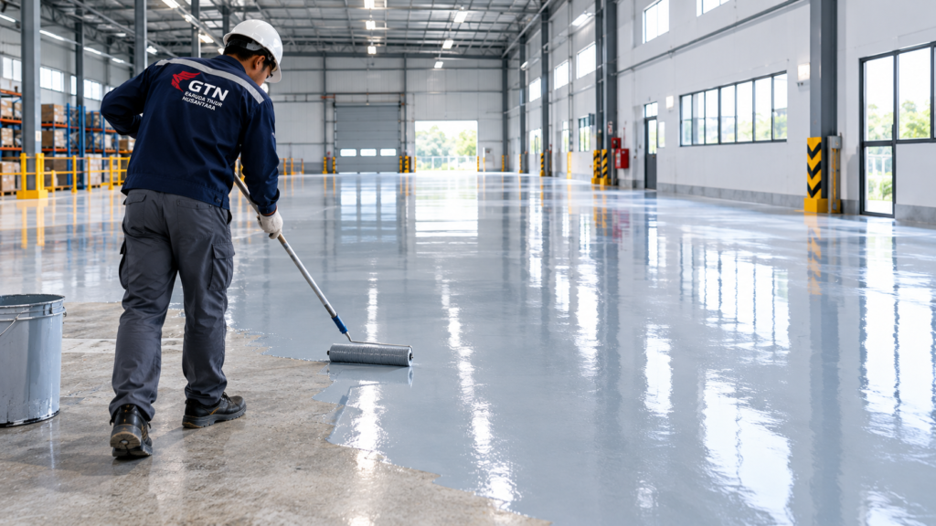 Pekerjaan aplikasi epoxy lantai abu-abu pada gudang industri oleh tim aplikator GTN.