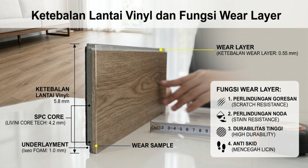 Gambar potongan struktur lantai vinyl motif kayu yang menunjukkan detail ketebalan core dan fungsi lapisan pelindung wear laye