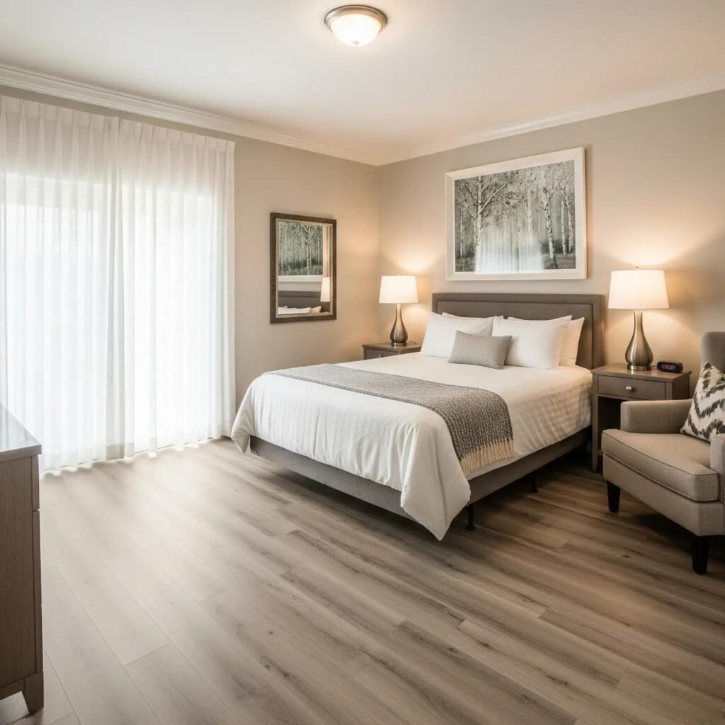 Lantai vinyl kamar hotel motif kayu dengan interior modern bernuansa hangat