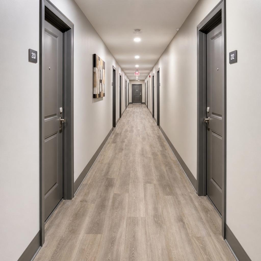 Lantai vinyl motif kayu pada koridor hotel dengan deretan pintu kamar