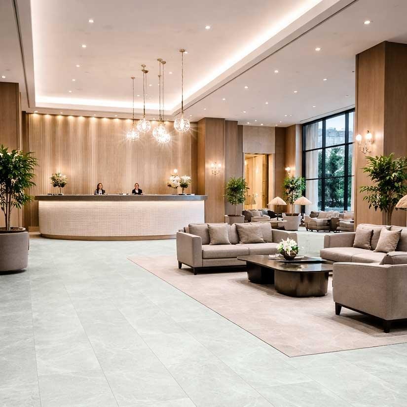 Lantai vinyl motif batu pada lobi hotel dengan desain interior modern