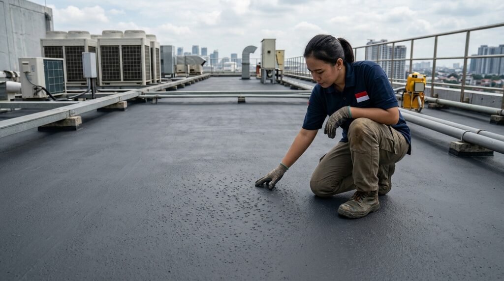 Lapisan waterproofing menggelembung pada permukaan dak beton akibat dugaan masalah kelembapan atau daya lekat.
